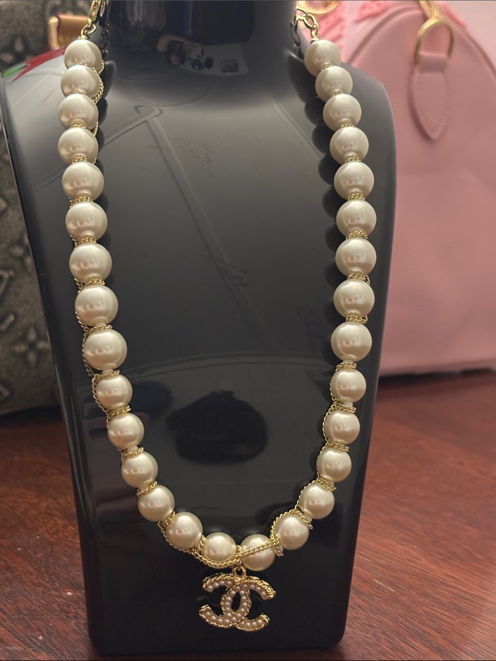 Brand New ! Hand Made Gold-Tone Faux Pearl Necklace with CC Pendant - White